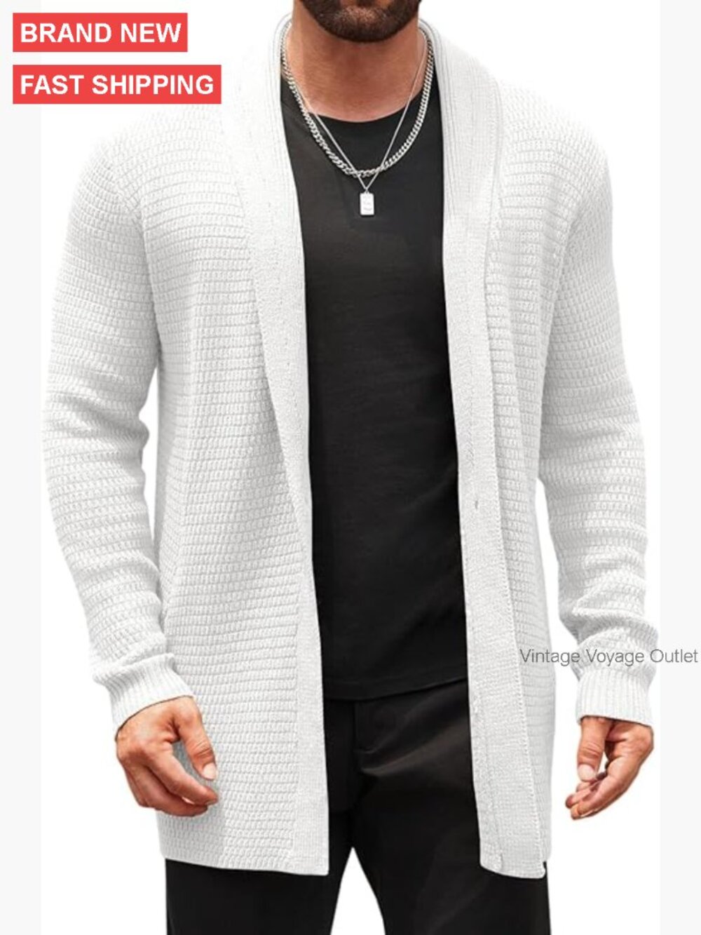 Men's Cable Knit Cardigan Shawl Collar Open Front Winter Sweater with Pockets